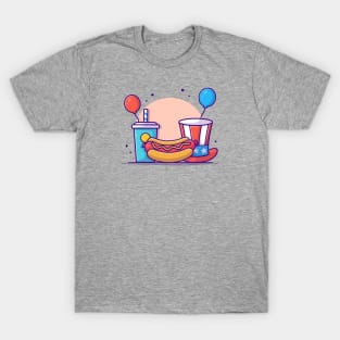 Tasty Hotdog with USA Independence Day Flag Soda, Hat and Balloon Cartoon Vector Icon Illustration T-Shirt